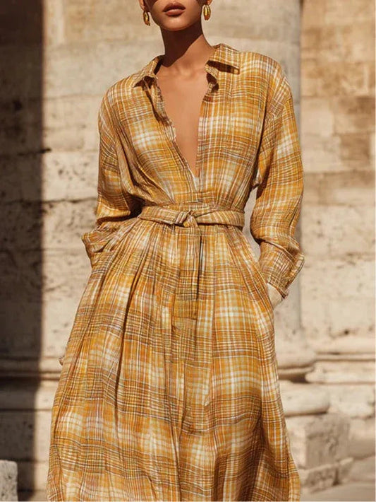 Retro Bohemian Fine Plaid Print Maxi Dress With Belt