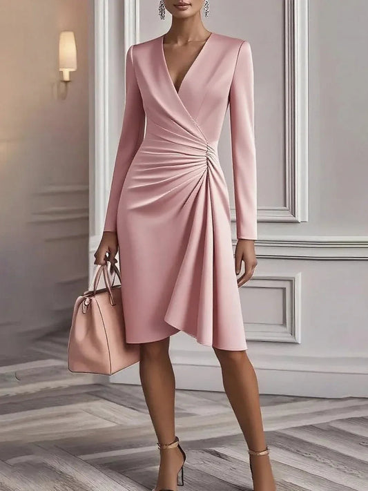 Solid color long-sleeved V-neck pleated dress