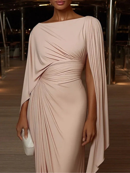 Pleated irregular drape slim-fit maxi dress