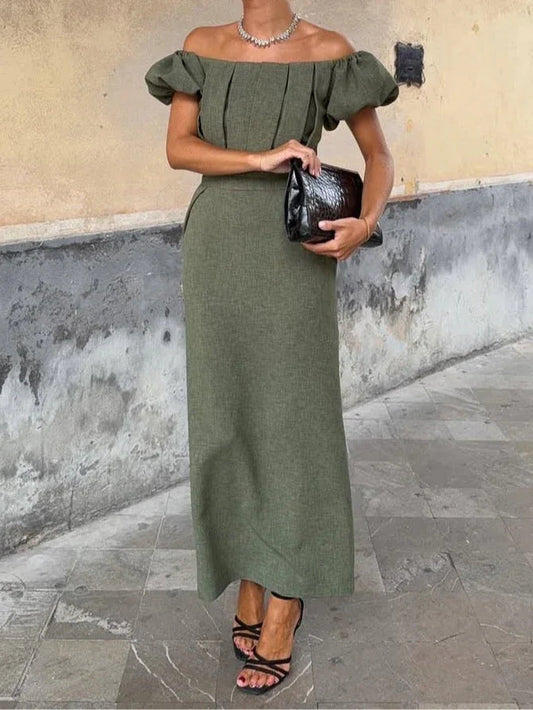 Elegant one-shoulder puff sleeve pleated dress