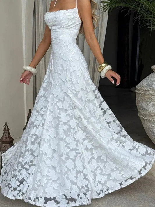 Spaghetti Strap White Lace Long Dress