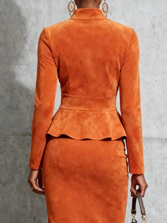 Simple suede stand-up collar top and skirt set