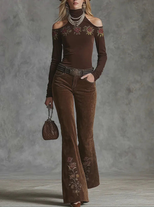 Embroidered off-the-shoulder top and suede trousers set（Includes belt）