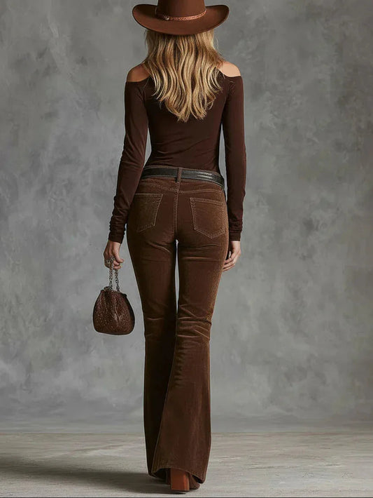 Embroidered off-the-shoulder top and suede trousers set（Includes belt）