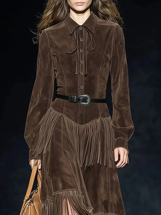 Retro Dark Brown Faux Suede Two-Layer Tassel Long-Sleeved Midi Dress（Includes belt）