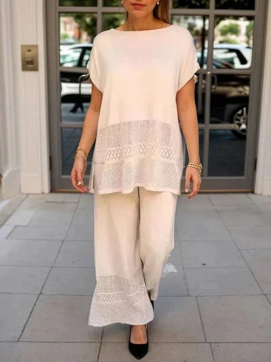Hollow Crew Neck Short-sleeved Top and Wide-leg Pants Set