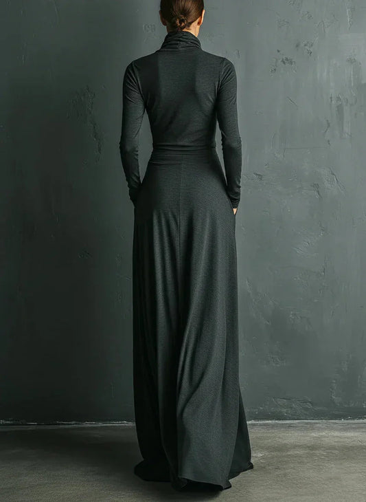 Elegant Stretch Polyester-Cotton Blend Turtleneck Draped Maxi Dress