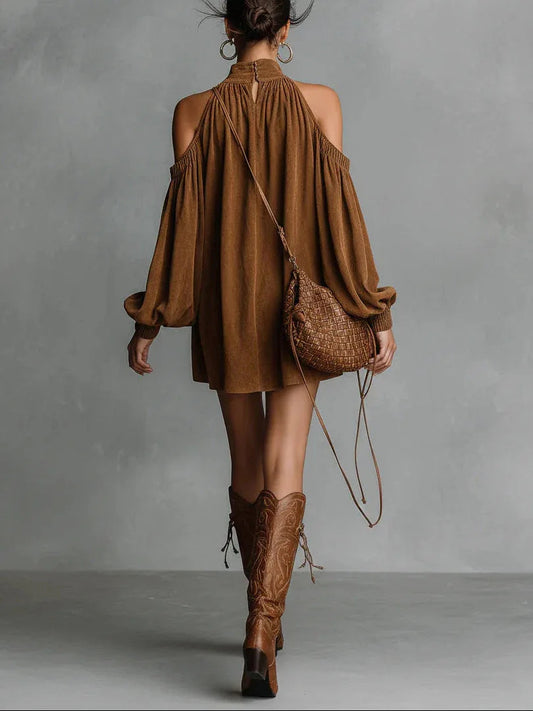 Loose-fitting faux suede high-neck lantern sleeve mini dress