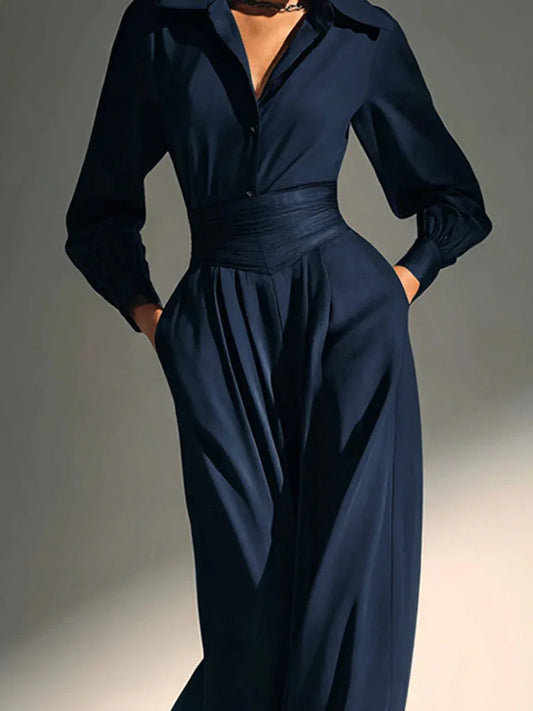 Navy Elegant Collared Wide-Leg Tailored Jumpsuit
