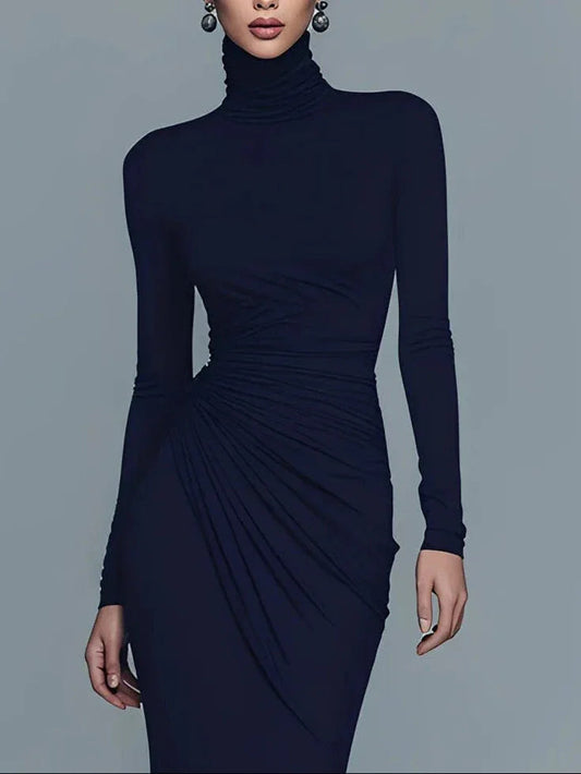Navy Elegant Stretch Polyester-Cotton Blend Turtleneck Draped Maxi Dress