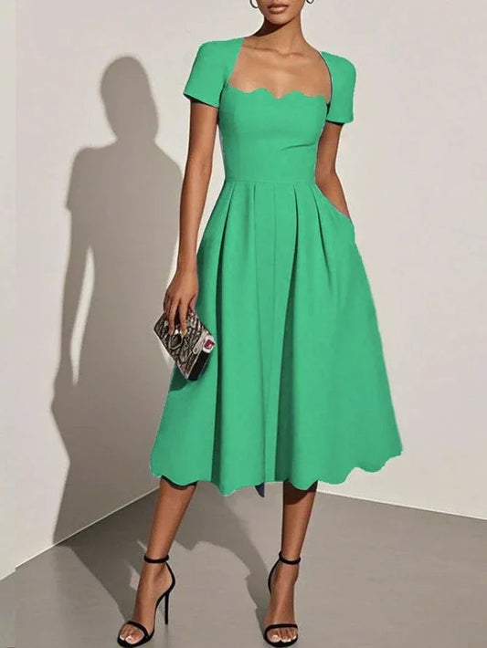 Black Irregular Craftsmanship Classic Square Neck Short Sleeve A-Line Midi Dress