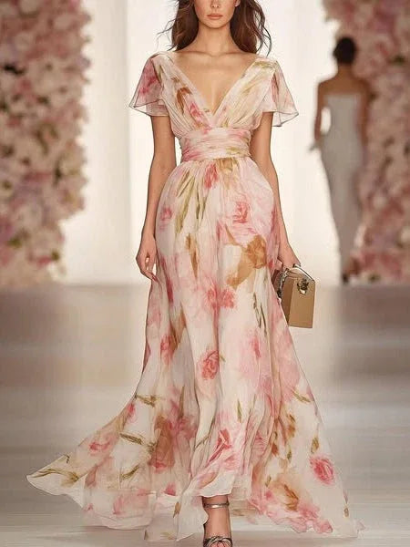 Floral Print V-neck Short-sleeved Waist Casual Maxi Dress