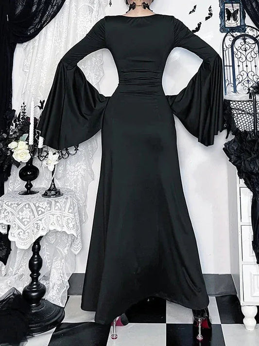 Gothic Lace-Up Bell Sleeve Mermaid Maxi Dress