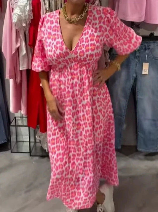 Elegant Pink Striped Floral Print Deep V Dress