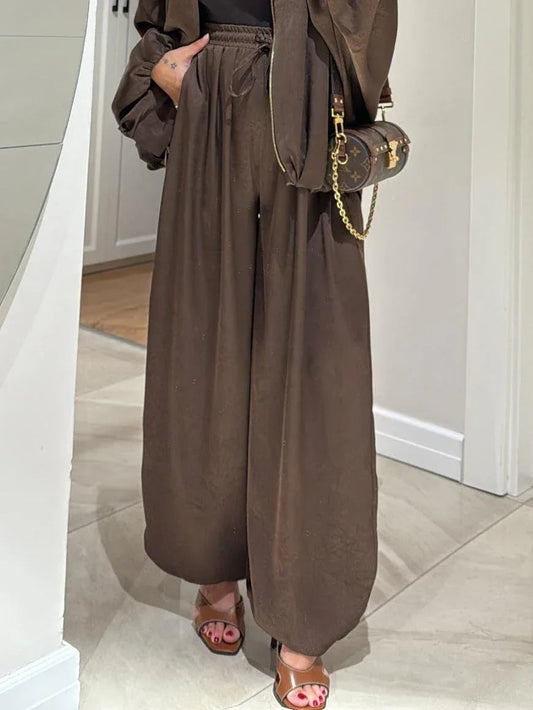 Brown Drawstring Wide-leg Casual Pants