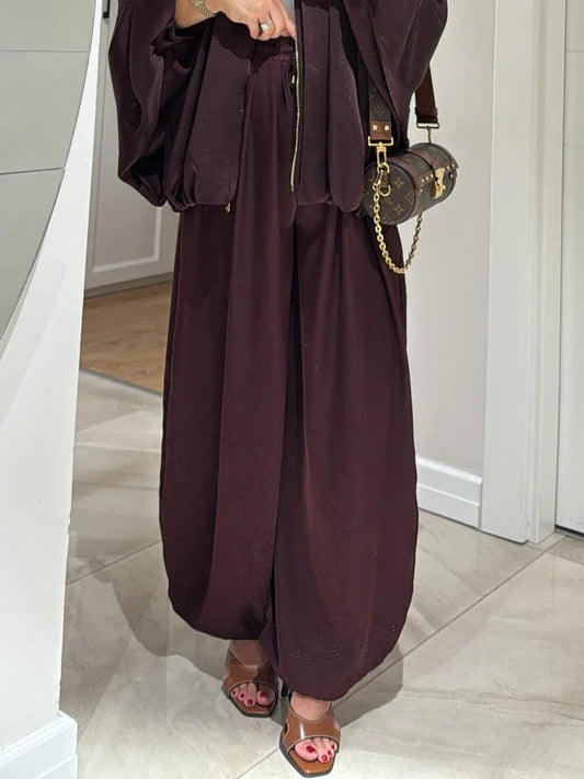 Brown Drawstring Wide-leg Casual Pants