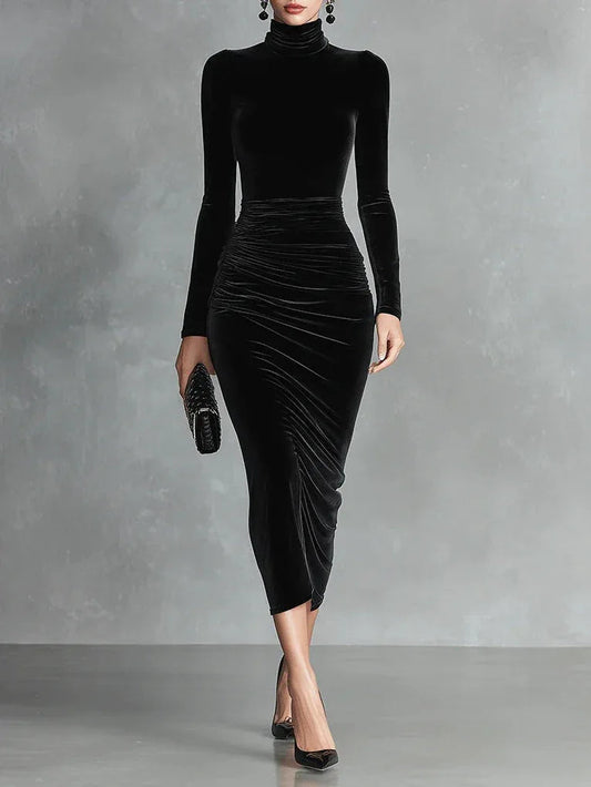 Black Velvet Elegant High-Neck Bodycon Dress