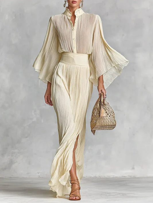 Pleated Stand Collar Trumpet Sleeve Shirt Slit Floor Length Skirt Two-piece Set