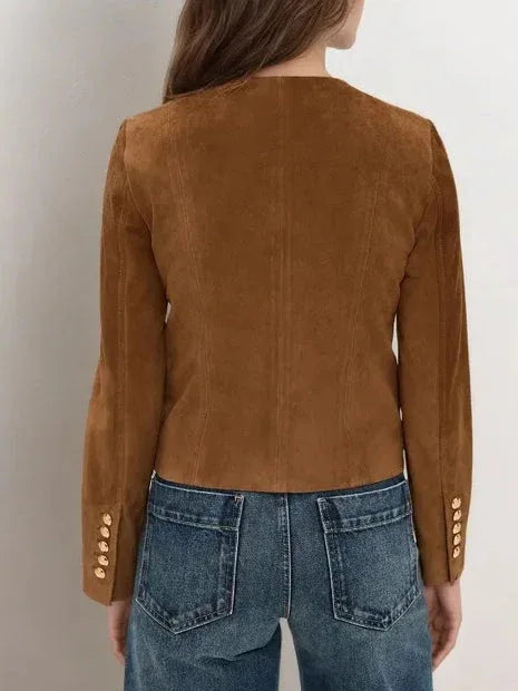 Brown Suede Single-breasted Cropped Jacket