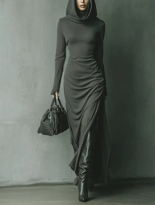 Dark Grey High Elastic Knitted Hooded Maxi Dress