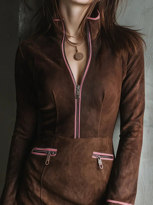 Color-blocked Faux Suede Half-zip Mini Dress