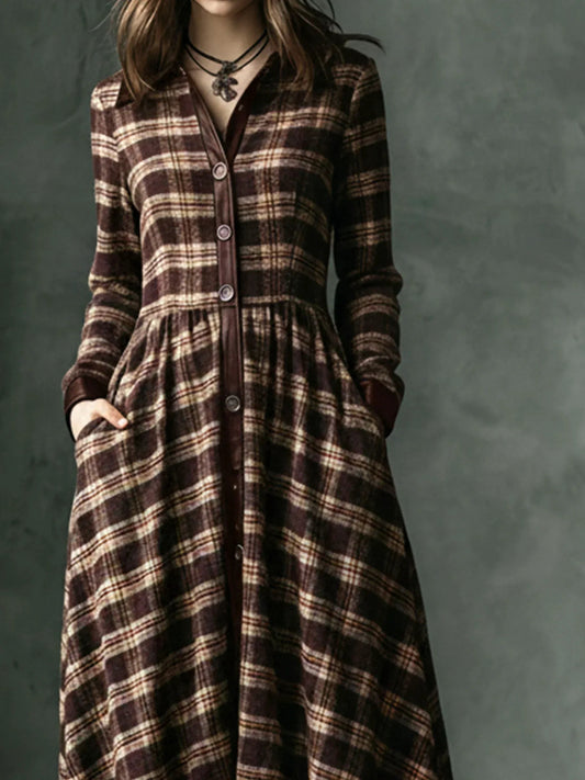 Brown Plaid Lapel Retro Pocket Irregular Maxi Dresses