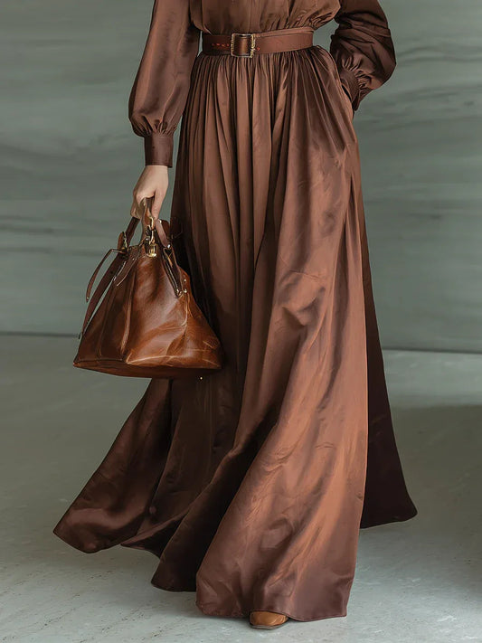 Caramel-colored Bow-tie Blouse and Long Skirt Two-piece Sett(with belt)