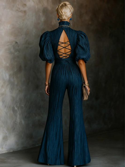 Dark Blue Textured Pleated High-neck Cross-strap Backless Jumpsuit