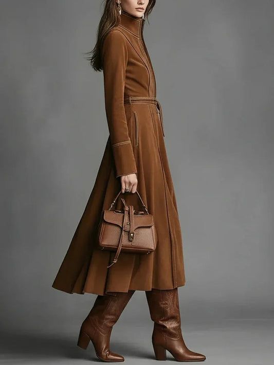 Brown Faux Suede Front Zipper Belted Elegant Maxi Dress