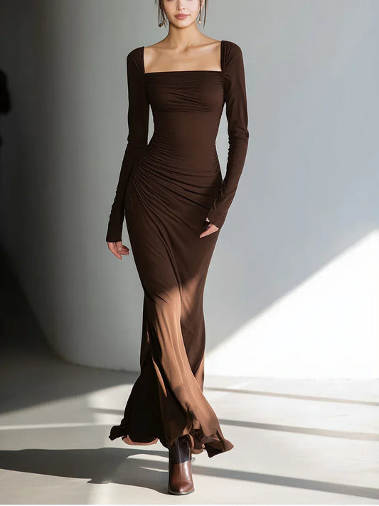 Dark Brown Square Neck Long-sleeved Pleated Fitted Maxi Dress