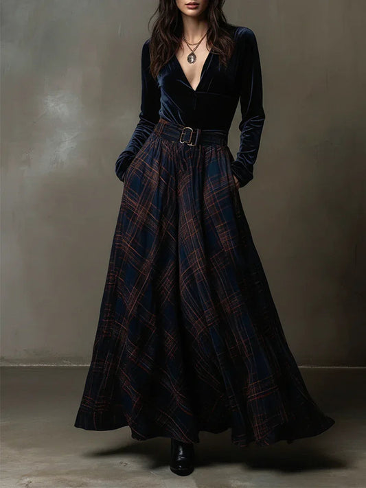 Navy Blue V-neck Velvet Top and Plaid Skirt Two-piece Set (with belt)