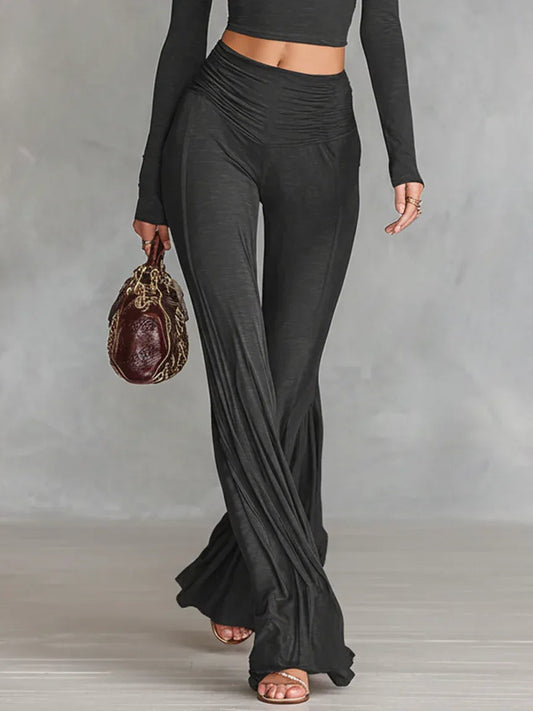 Dark Gray Casual Turtleneck Crop Top and Flared Pants Two-piece Set