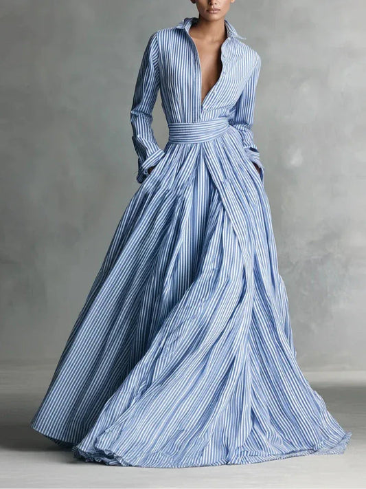Minimalist Blue Striped Shirt Collar Tie-up Maxi Dresses