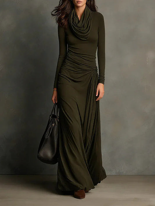 Olive Green Turtleneck Pleated Maxi Dress