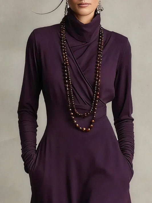 Purple Turtleneck Plaid Patchwork Faux Two-piece Midi Dress (necklace not included)
