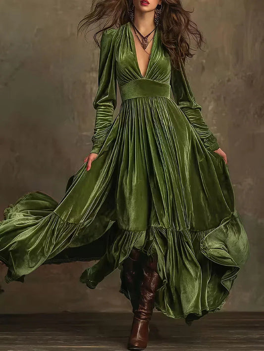 Retro Velvet V-neck Fitted Waist Maxi Dress