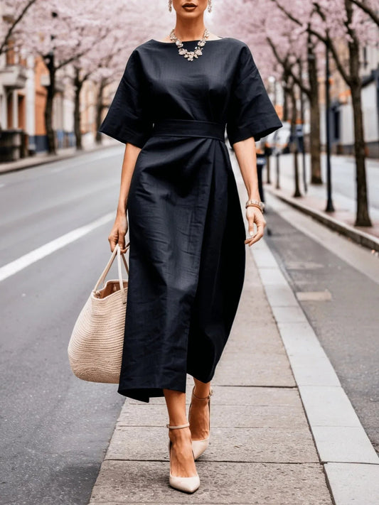 Linen Boat Neck Tie Loose Dress