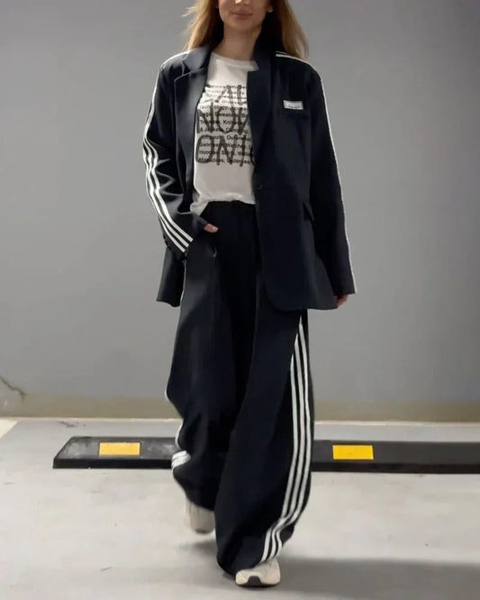 Fashionable Striped Blazer & Wide Leg Pants Two-Piece Set
