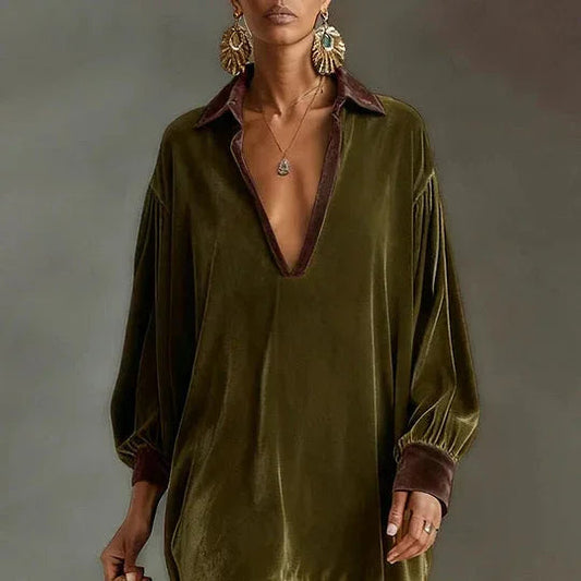 Retro Velvet Loose Casual V-neck Tassel Dress
