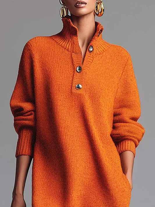 Orange Lapel Button-Front Knit Midi Dress