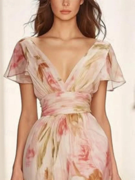 Floral Print V-neck Short-sleeved Waist Casual Maxi Dress