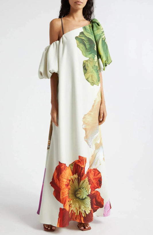 One Shoulder Floral Print Maxi Dress