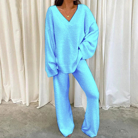 Comfortable Solid Color V-neck Daily  Two-piece Set