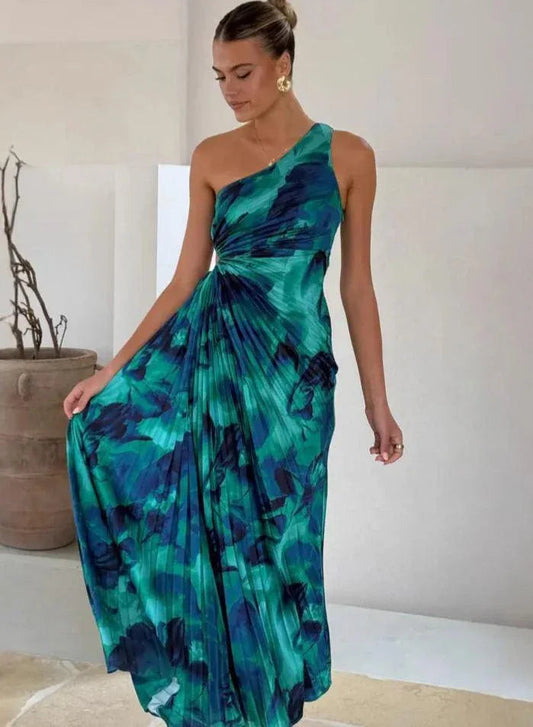 Off-shoulder sleeveless one-shoulder printed pleated dress