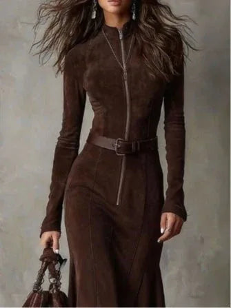 Brown Vintage Zipper Belted Midi Dress