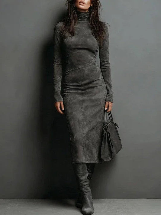 High Neck Long Sleeve Suede Midi Dress