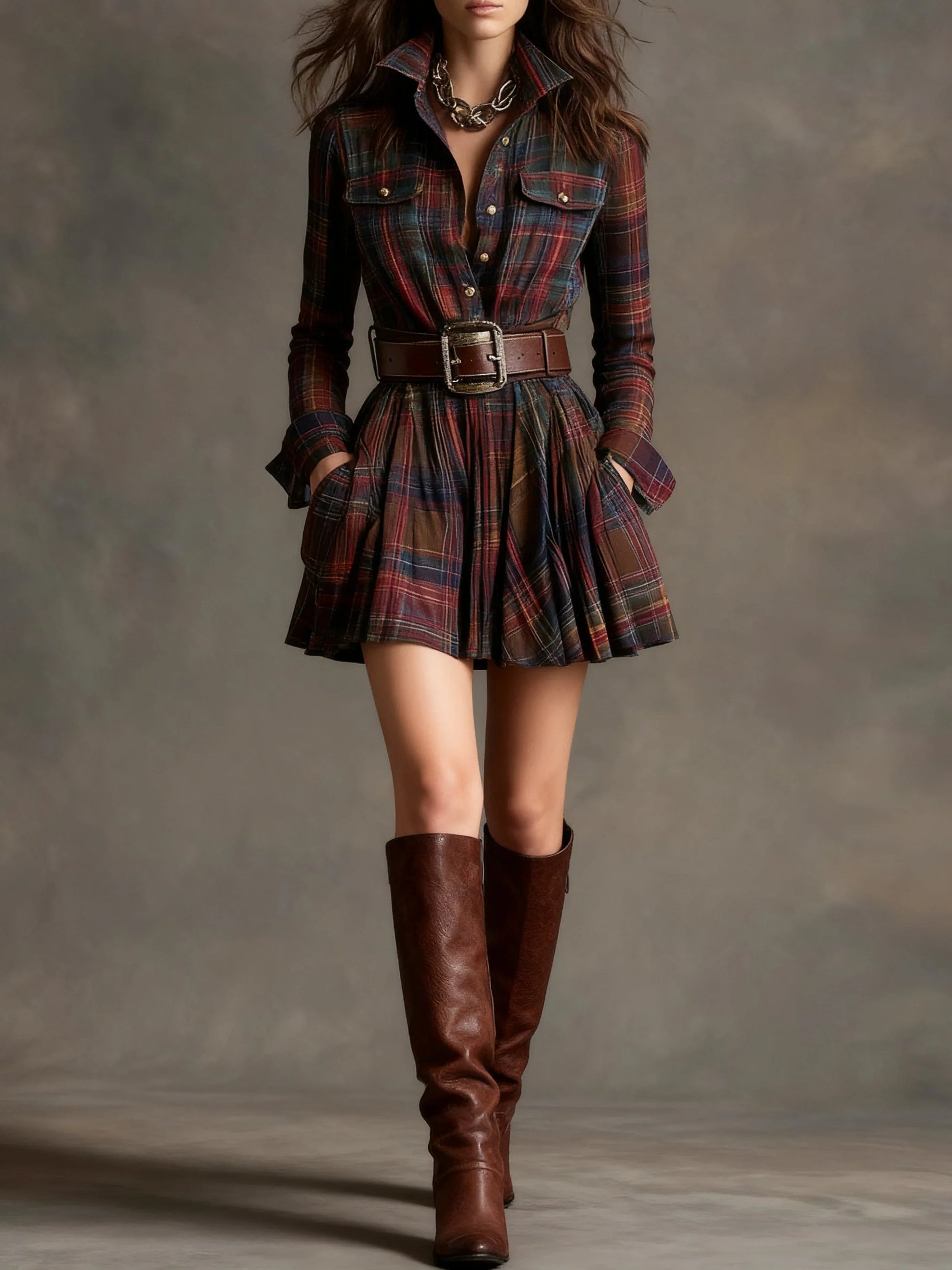Vintage Lapel Red and Brown Plaid Mini Dress – EMEL Fashion