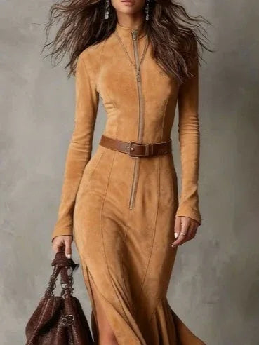 Vintage Camel Zipper Belted Maxi Dress