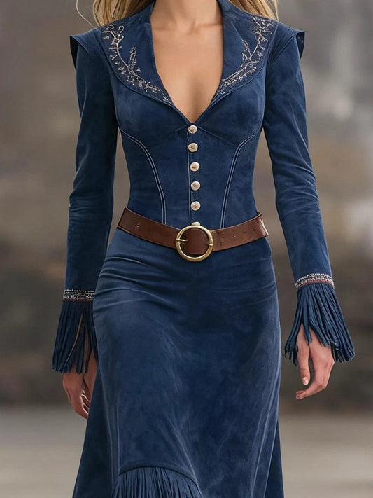 Retro Embroidered Dark Blue Faux Suede Tassel Maxi Dress（Includes belt）