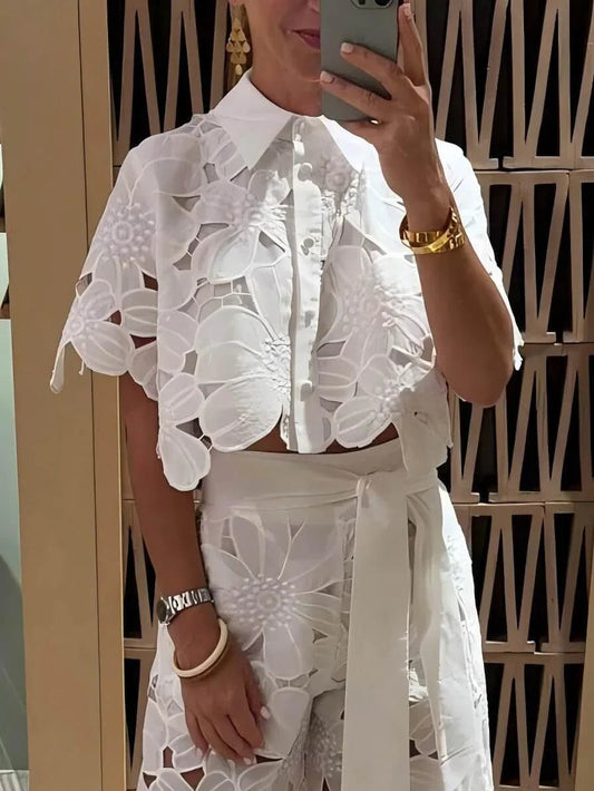Exquisite floral embroidery sexy hollow suit